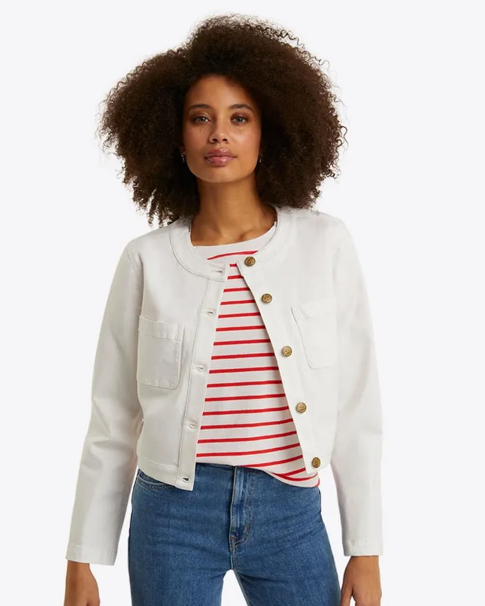Draper James Jackets and Outerwear Women Collarless Jacket In White Denim