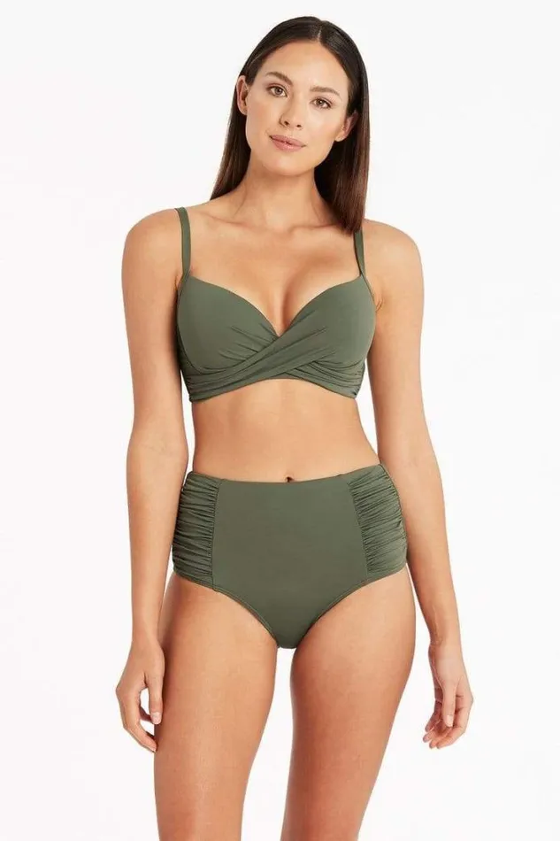 Eco Essentials High Waist Gathered Side Pant Eco Essentials Khaki Women Sea Level Bottoms