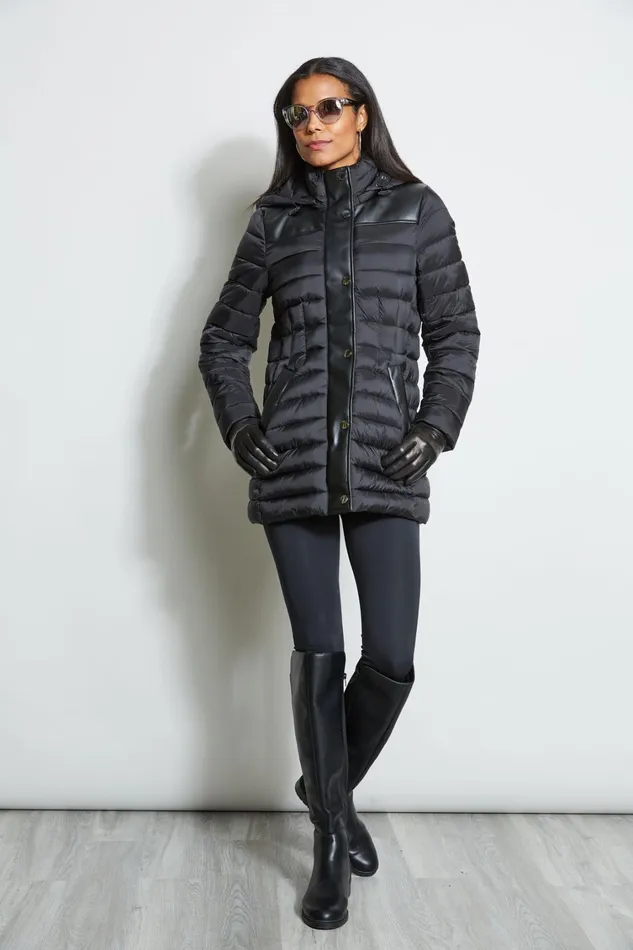 Elie Tahari Coats Tahari Lightweight Hooded Vegan Leather Puffer Coat Black 8211 Women