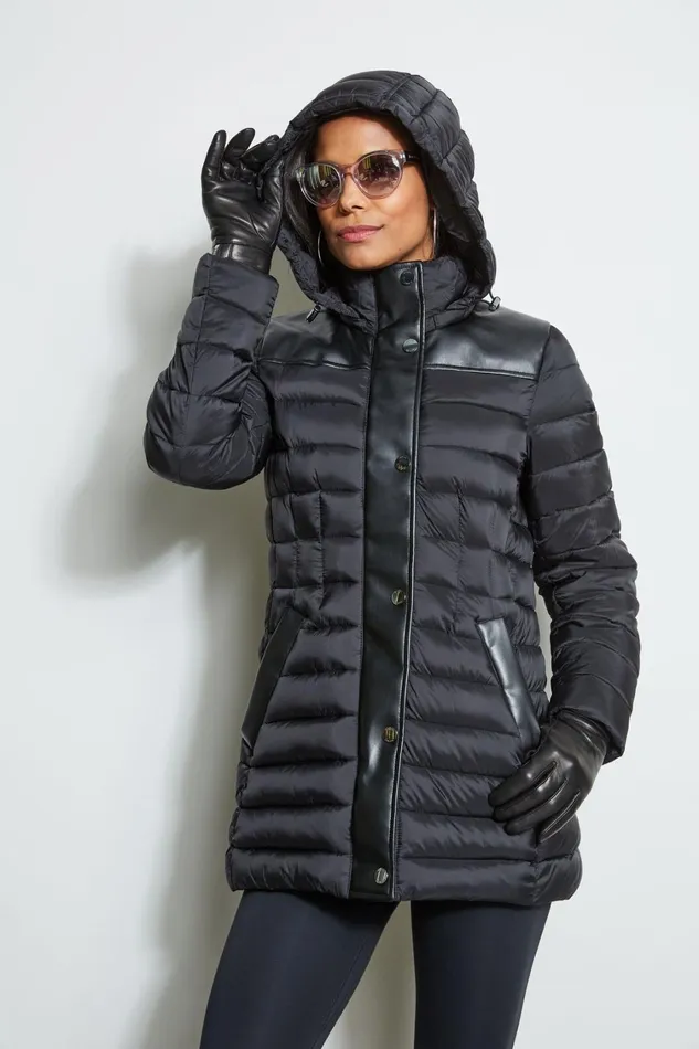 Elie Tahari Coats Tahari Lightweight Hooded Vegan Leather Puffer Coat Black 8211 Women