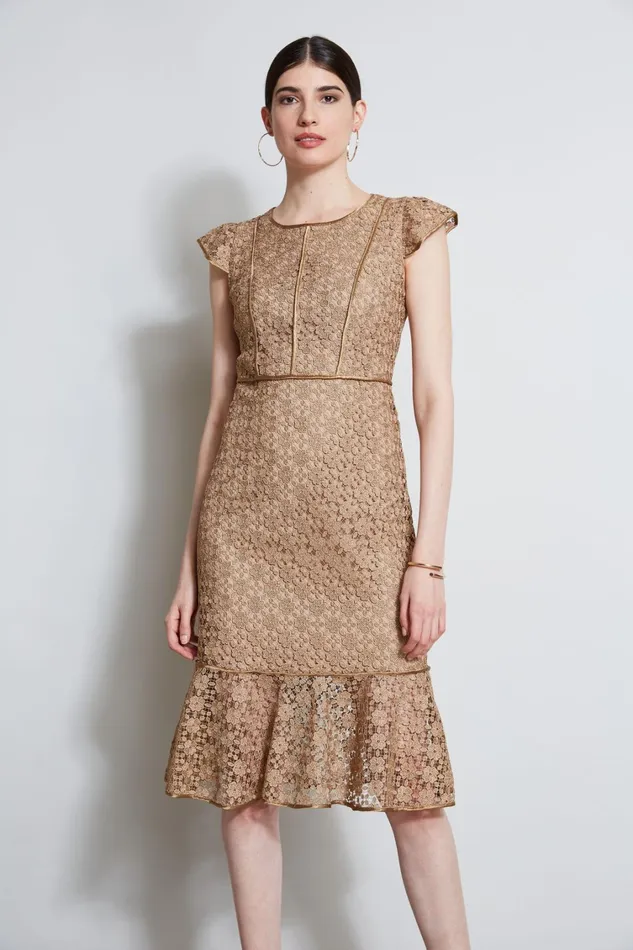 Elie Tahari Dresses and Jumpsuits Lace Flutter Sleeve Dress Gold 8211 Women