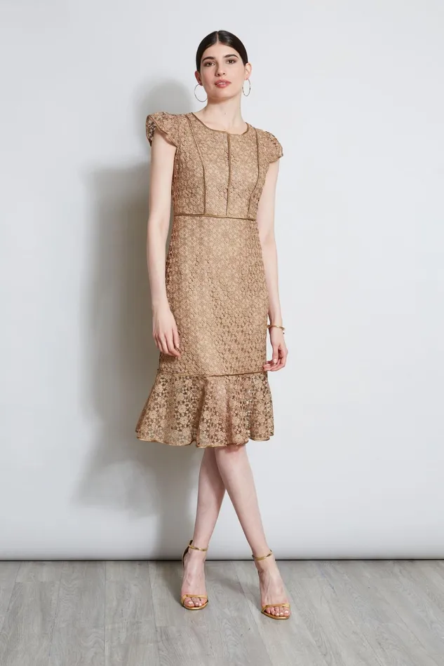 Elie Tahari Dresses and Jumpsuits Lace Flutter Sleeve Dress Gold 8211 Women
