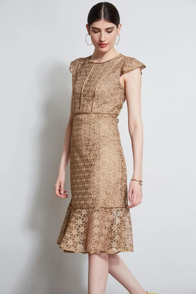 Elie Tahari Dresses and Jumpsuits Lace Flutter Sleeve Dress Gold 8211 Women
