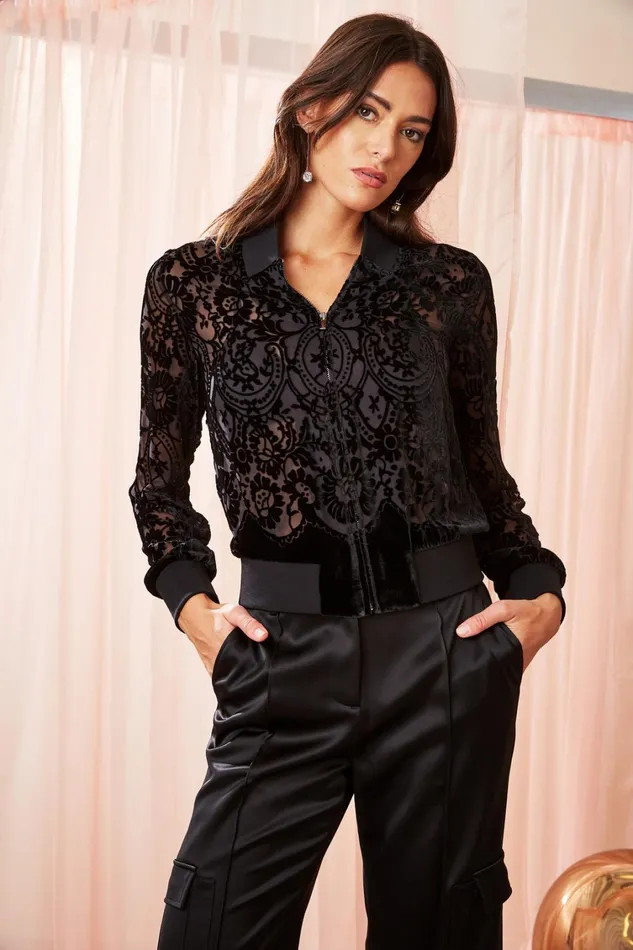 Elie Tahari Jackets and Blazers Burnout Velvet Bomber Jacket Black 8211 Women