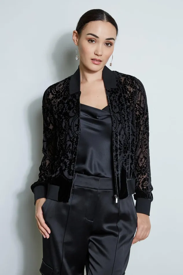 Elie Tahari Jackets and Blazers Burnout Velvet Bomber Jacket Black 8211 Women