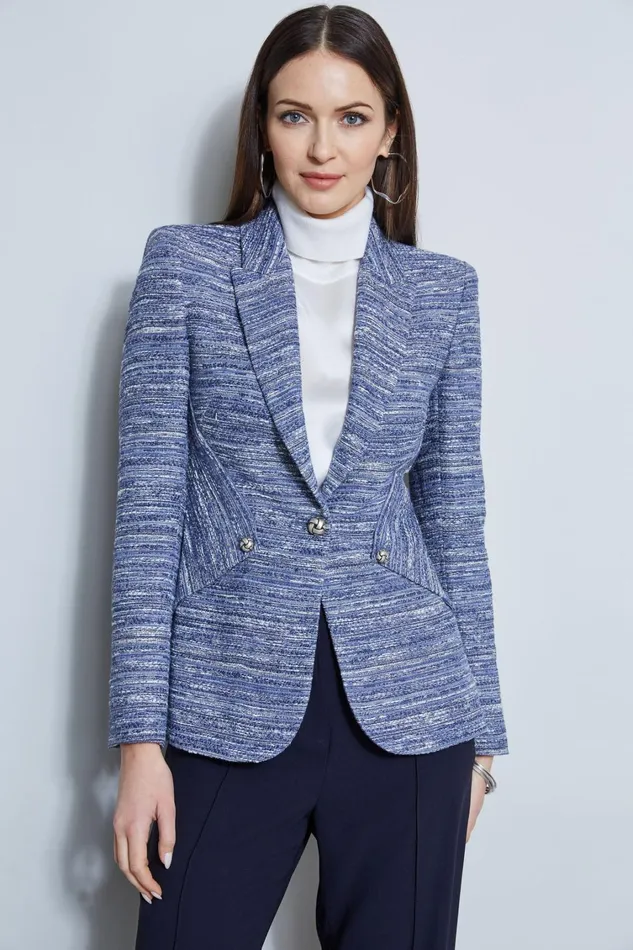 Elie Tahari Jackets and Blazers Tweed Panel Single Button Blazer Blue Multi 8211 Women