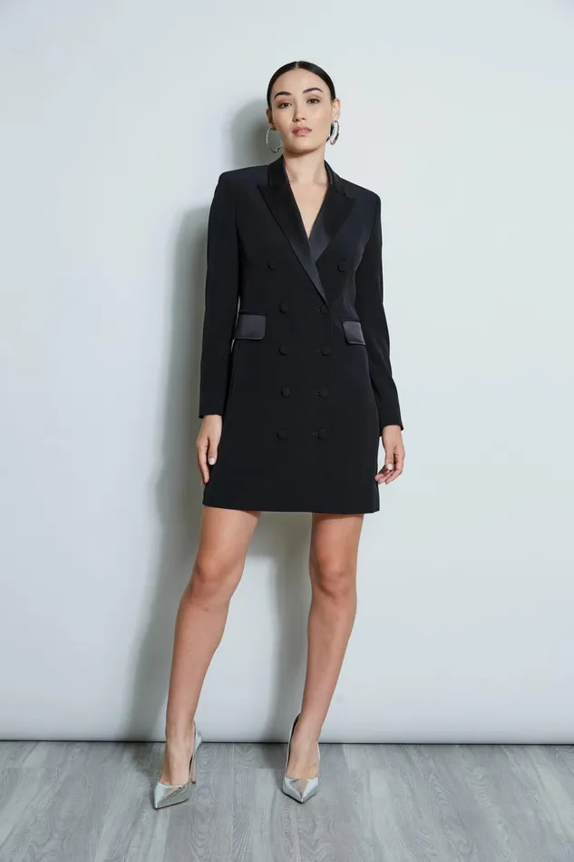 Elie Tahari Long Sleeve Dresses Satin Tuxedo Coat Dress Black 8211 Women