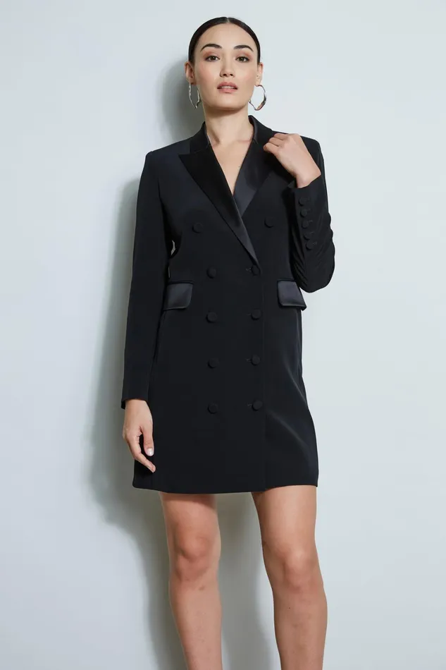 Elie Tahari Long Sleeve Dresses Satin Tuxedo Coat Dress Black 8211 Women