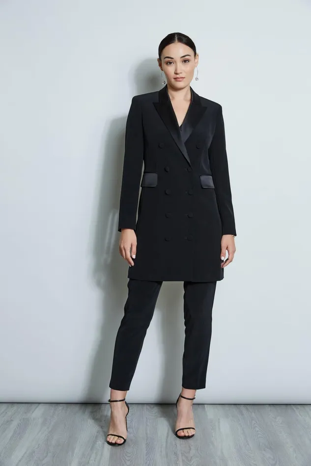 Elie Tahari Long Sleeve Dresses Satin Tuxedo Coat Dress Black 8211 Women