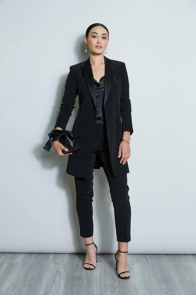 Elie Tahari Long Sleeve Dresses Satin Tuxedo Coat Dress Black 8211 Women