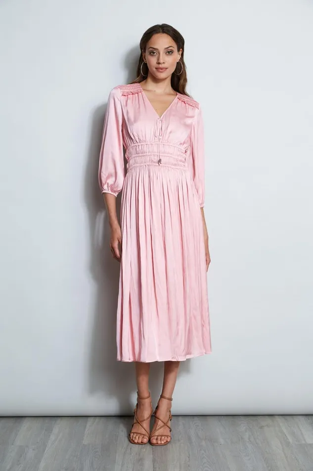 Elie Tahari Midi Dresses Satin Smocked Pleat Dress Soho Pink 8211 Women
