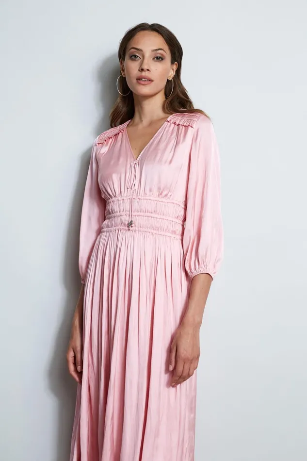Elie Tahari Midi Dresses Satin Smocked Pleat Dress Soho Pink 8211 Women
