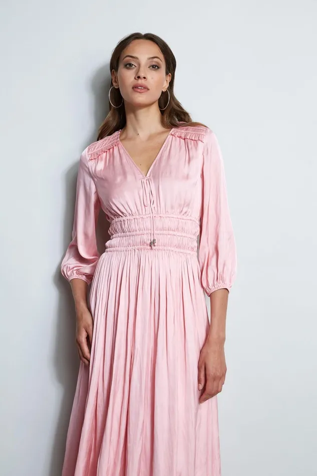 Elie Tahari Midi Dresses Satin Smocked Pleat Dress Soho Pink 8211 Women