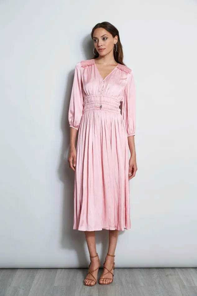 Elie Tahari Midi Dresses Satin Smocked Pleat Dress Soho Pink 8211 Women