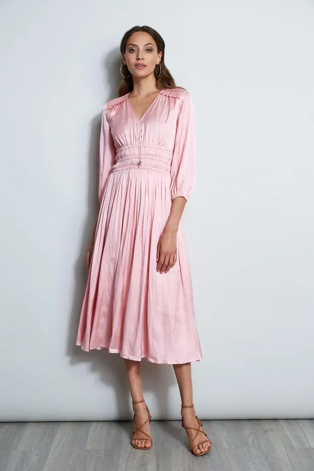 Elie Tahari Midi Dresses Satin Smocked Pleat Dress Soho Pink 8211 Women