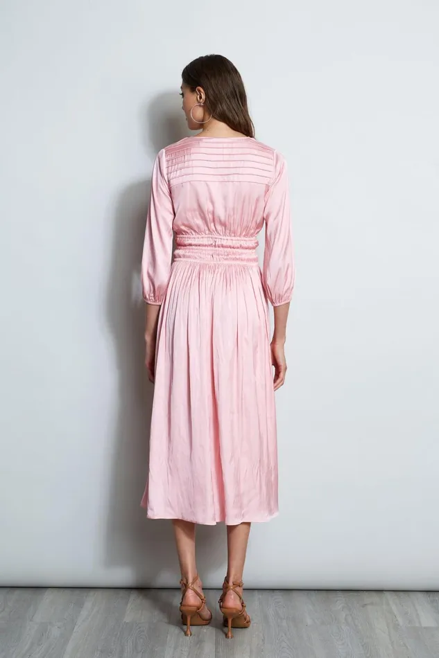 Elie Tahari Midi Dresses Satin Smocked Pleat Dress Soho Pink 8211 Women