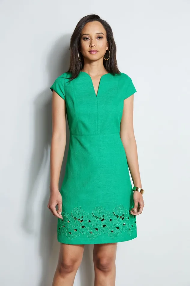 Elie Tahari Short Sleeve Dresses Short Sleeve Embroidered Hem Dress Palm Leaf 8211 Women
