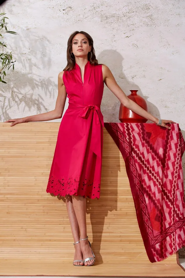 Elie Tahari Sleeveless Dresses Embroidered Hem Cotton Dress Cyclamen 8211 Women