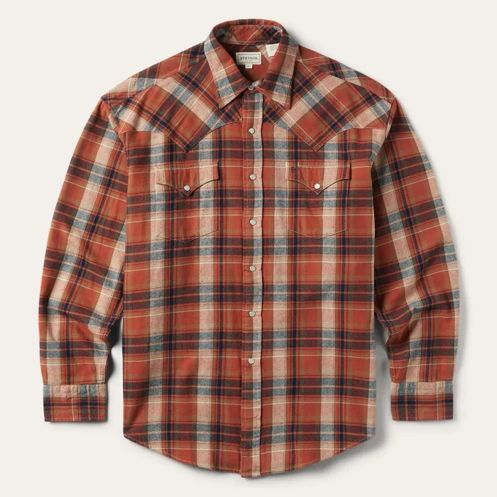 Flannel Shirts Men Stetson Brushed Twill Plaid Shirt Orange