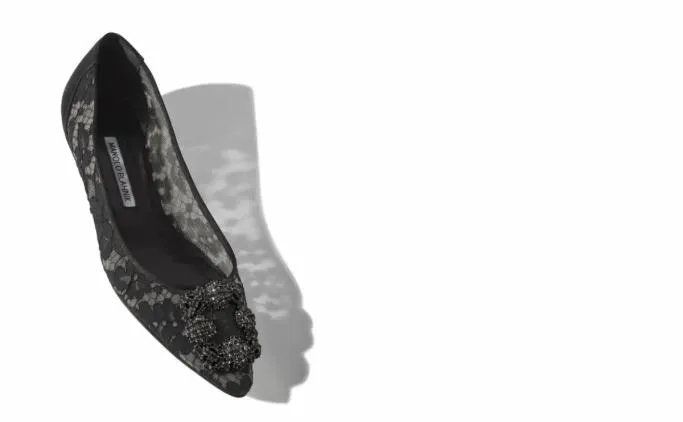 Flats Women Manolo Blahnik HANGISIFLAT LACEBlack Lace Jewel Buckle Flats