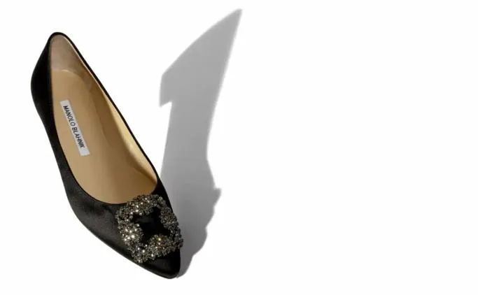 Flats Women Manolo Blahnik HANGISIFLATBlack Satin Jewel Buckle Flat Pumps