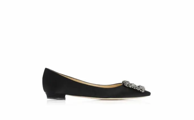 Flats Women Manolo Blahnik HANGISIFLATBlack Satin Jewel Buckle Flat Pumps Flats Women Manolo Blahnik HANGISIFLATBlack Satin Jewel Buckle Flat Pumps