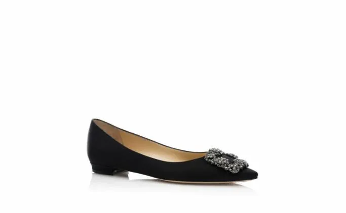 Flats Women Manolo Blahnik HANGISIFLATBlack Satin Jewel Buckle Flat Pumps Flats Women Manolo Blahnik HANGISIFLATBlack Satin Jewel Buckle Flat Pumps