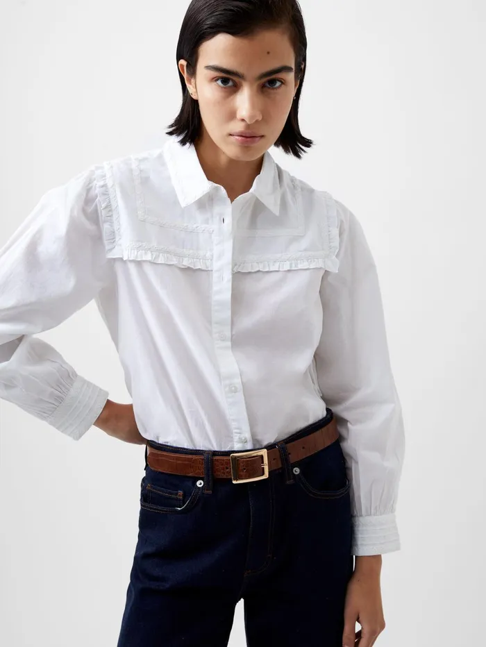 French Connection Amelie Cambric Embroidered Shirt Linen White Woman Tops