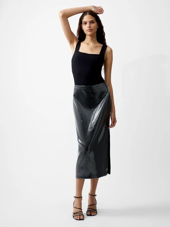 French Connection Amy Sequin Midi Skirt Gunmetal Woman Coords