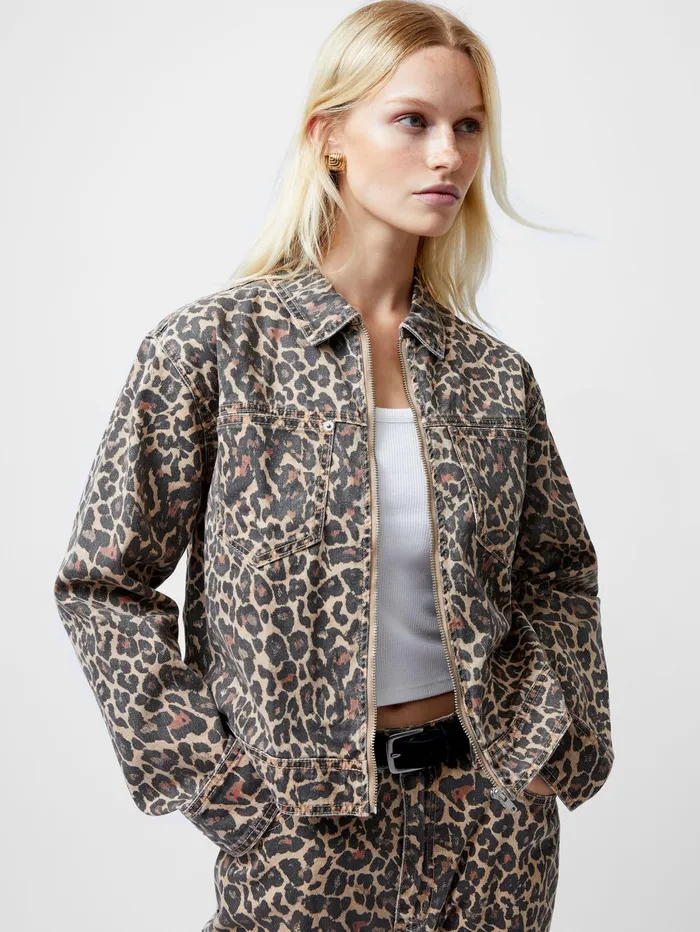 French Connection Charlie Leopard Print Denim Jacket Woman Coats and Jackets