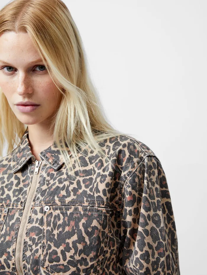 French Connection Charlie Leopard Print Denim Jacket Woman Coats and Jackets