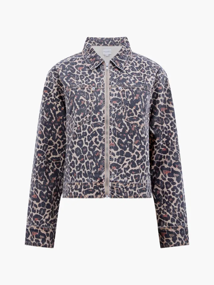 French Connection Charlie Leopard Print Denim Jacket Woman Coats and Jackets