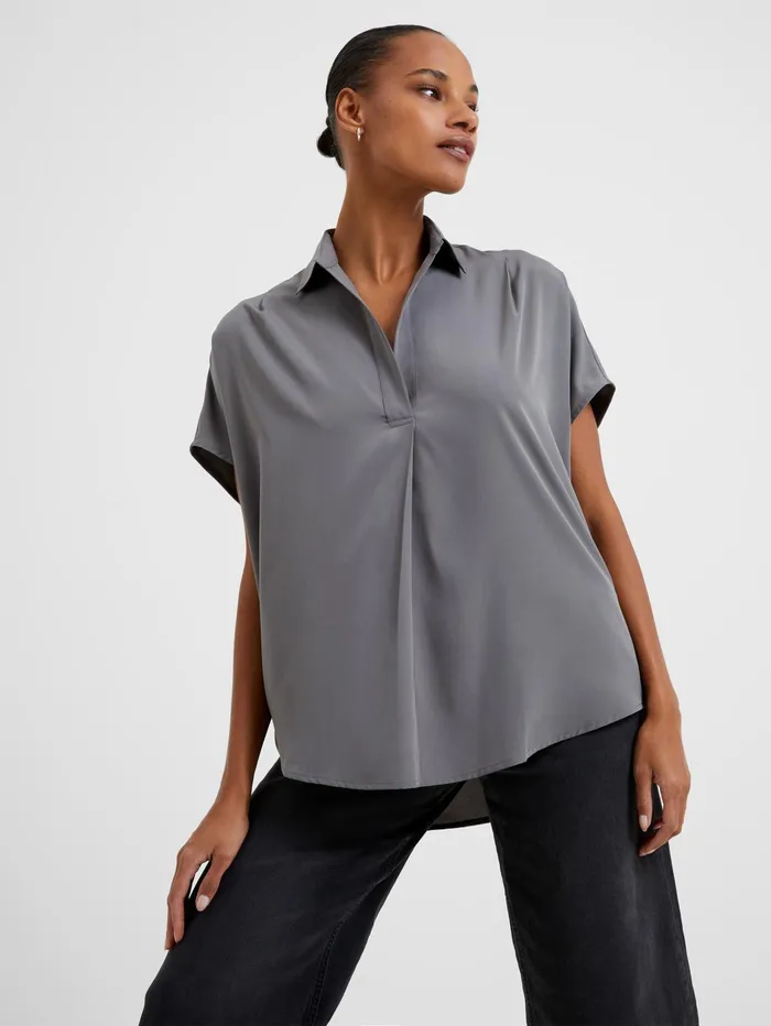French Connection Crepe Light Recycled Popover Shirt Warm Graphite Woman Tops French Connection Crepe Light Recycled Popover Shirt Warm Graphite Woman Tops