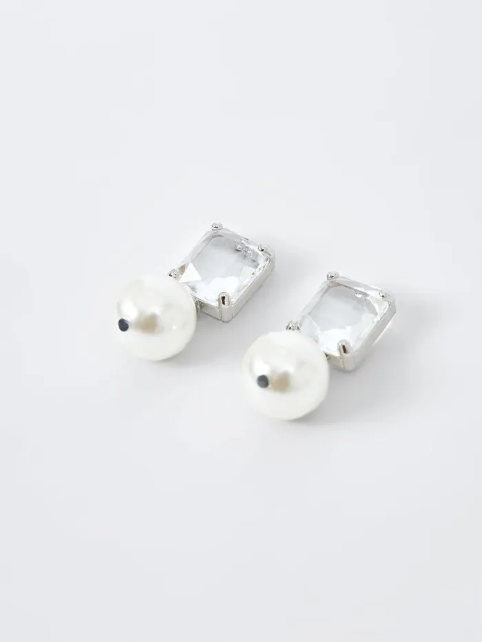 French Connection Crystal Faux Pearl Drop Earrings Silver Woman Jewellery