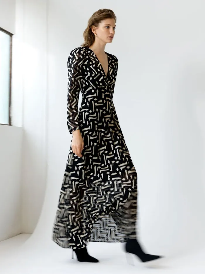French Connection Diandra Satin Devore Maxi Dress BlackCream Woman Dresses