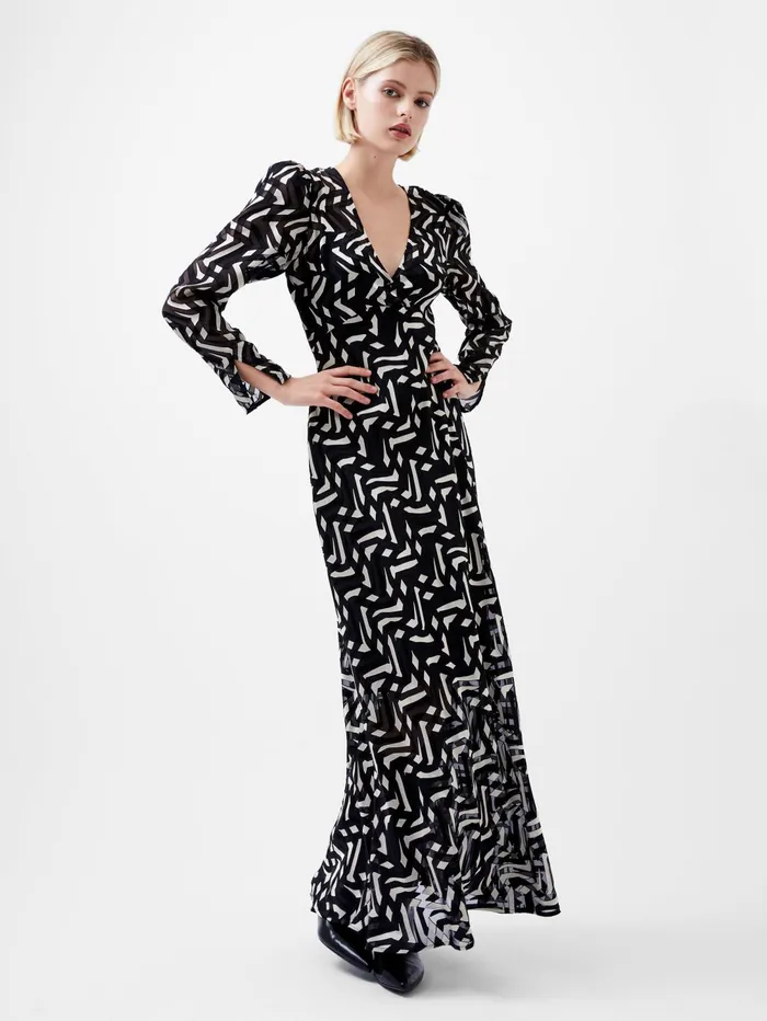 French Connection Diandra Satin Devore Maxi Dress BlackCream Woman Dresses