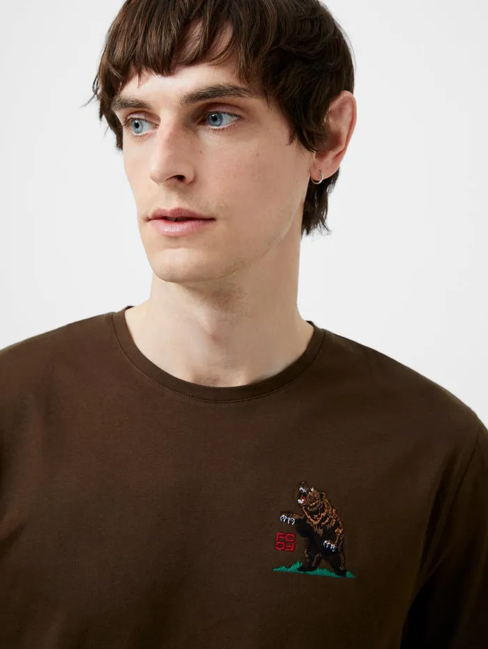 French Connection Embroidered Bear Organic Graphic TShirt Truffle Brown Man TShirts and Polo Shirts