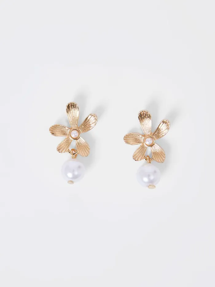 French Connection Flower Faux Pearl Drop Earrings Gold Woman Jewellery