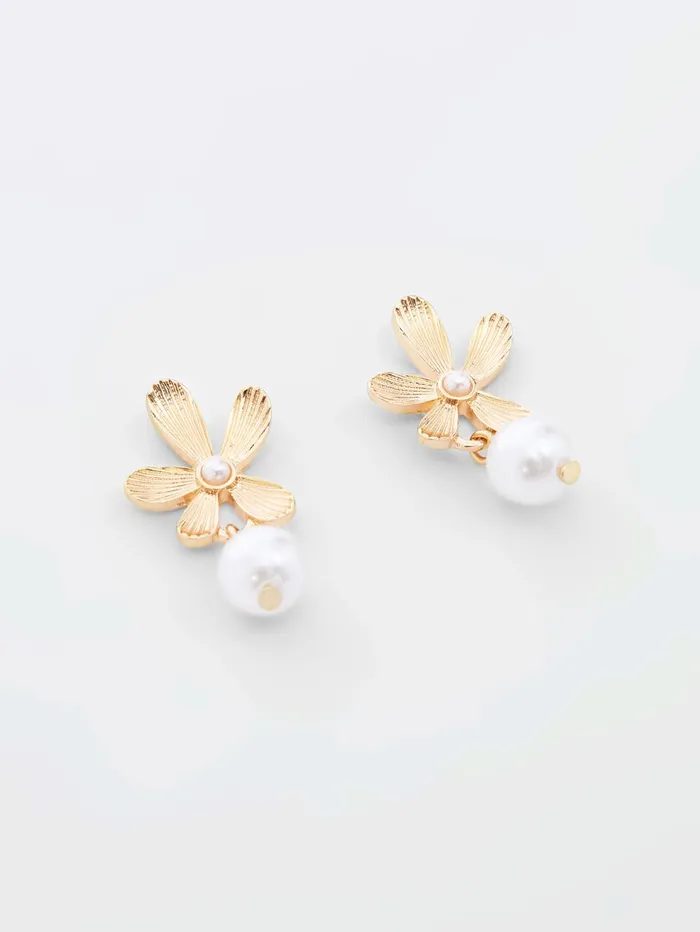 French Connection Flower Faux Pearl Drop Earrings Gold Woman Jewellery