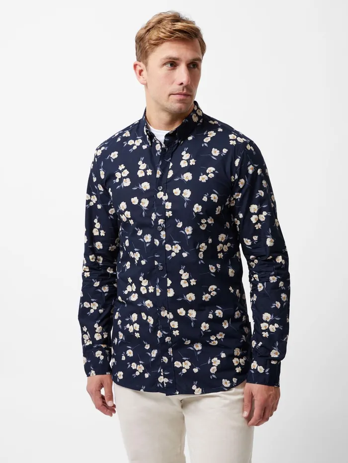 French Connection Large Floral Long Sleeve Shirt Marine Man Shirts