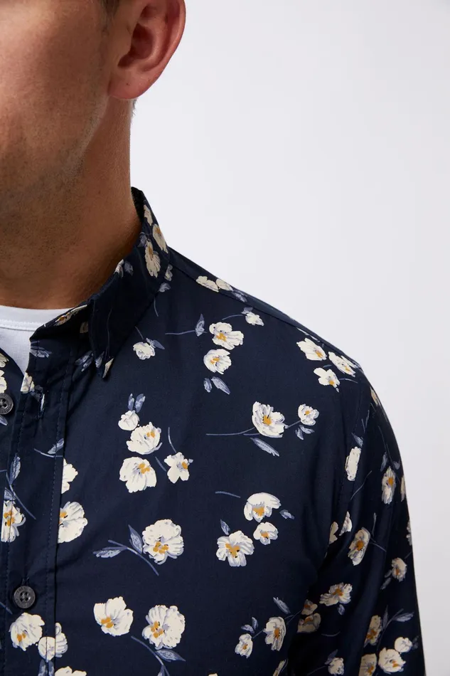 French Connection Large Floral Long Sleeve Shirt Marine Man Shirts