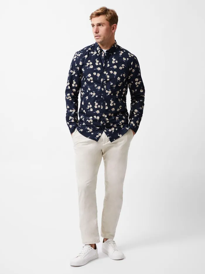 French Connection Large Floral Long Sleeve Shirt Marine Man Shirts