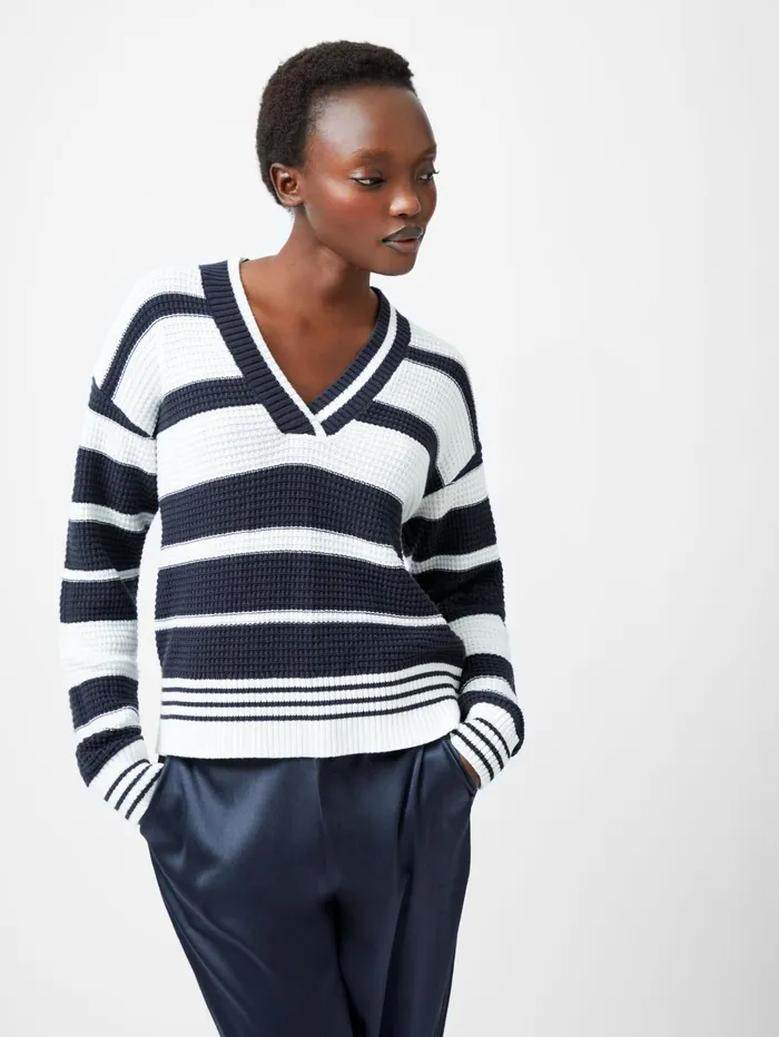French Connection Lily Mozart Striped Varsity VNeck Jumper NavySummer White Woman Jumpers and Cardigans French Connection Lily Mozart Striped Varsity VNeck Jumper NavySummer White Woman Jumpers and Cardigans