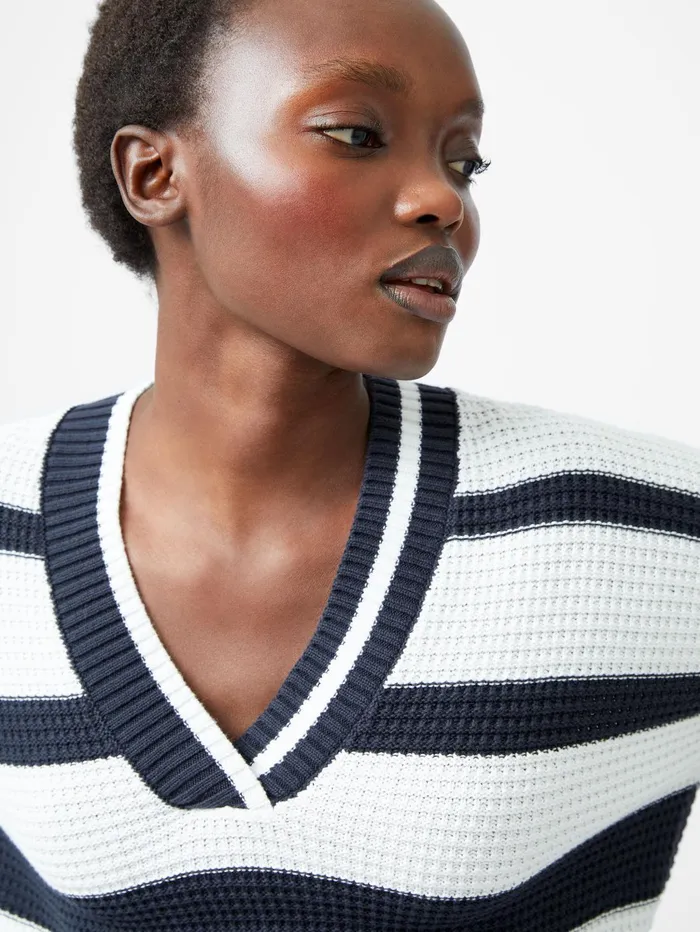 French Connection Lily Mozart Striped Varsity VNeck Jumper NavySummer White Woman Jumpers and Cardigans