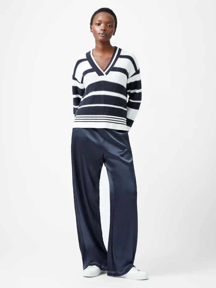 French Connection Lily Mozart Striped Varsity VNeck Jumper NavySummer White Woman Jumpers and Cardigans