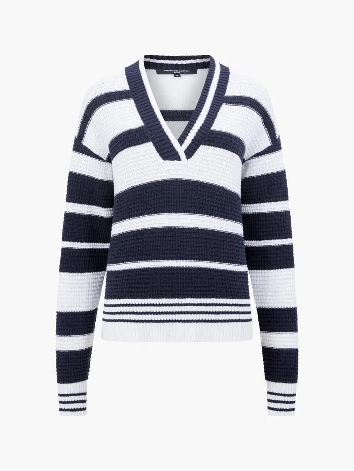 French Connection Lily Mozart Striped Varsity VNeck Jumper NavySummer White Woman Jumpers and Cardigans