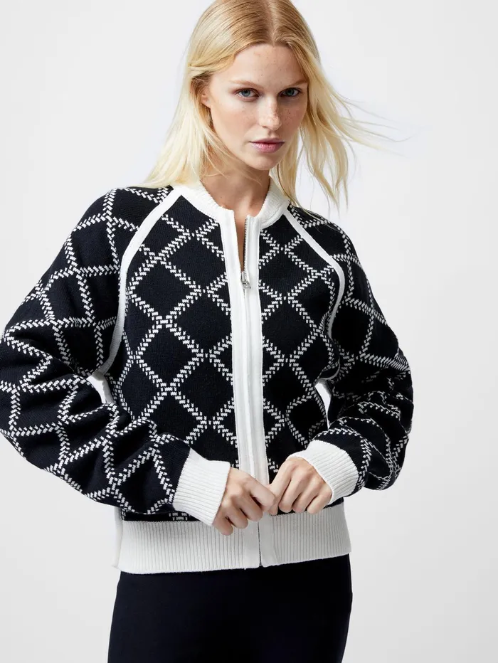 French Connection Odessa Reversible Checked Zip Up Cardigan WhiteBlack Woman Jumpers and Cardigans