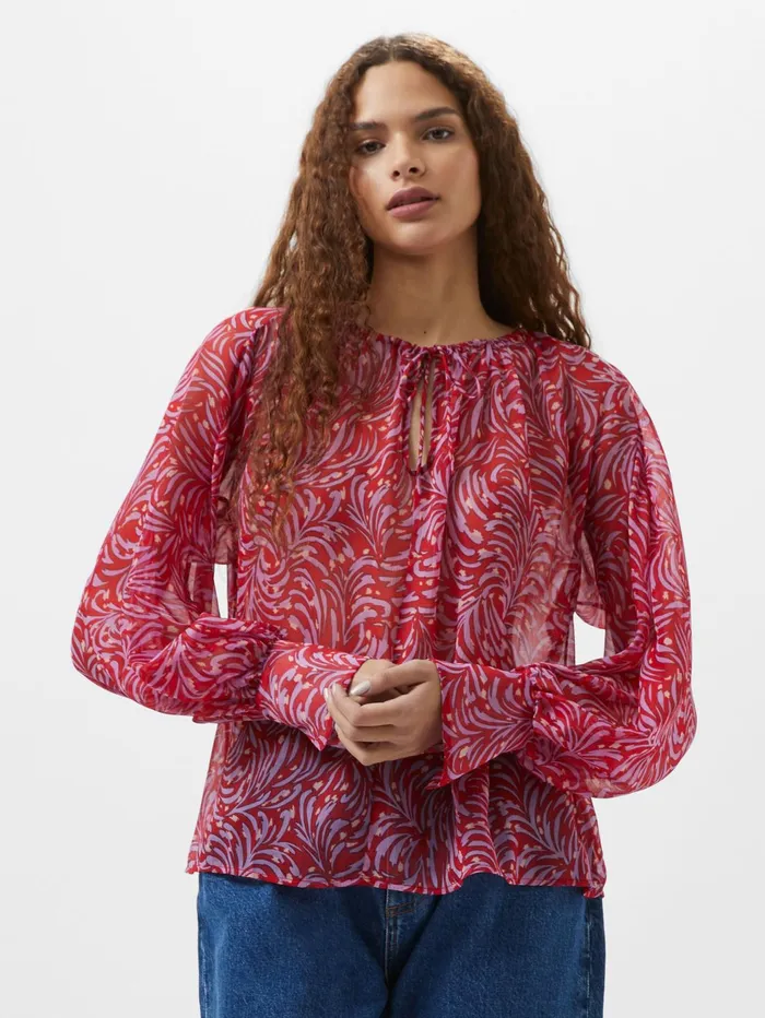 French Connection Printed Chiffon Keyhole Long Sleeve Top Scarlet Red Multi Woman Tops