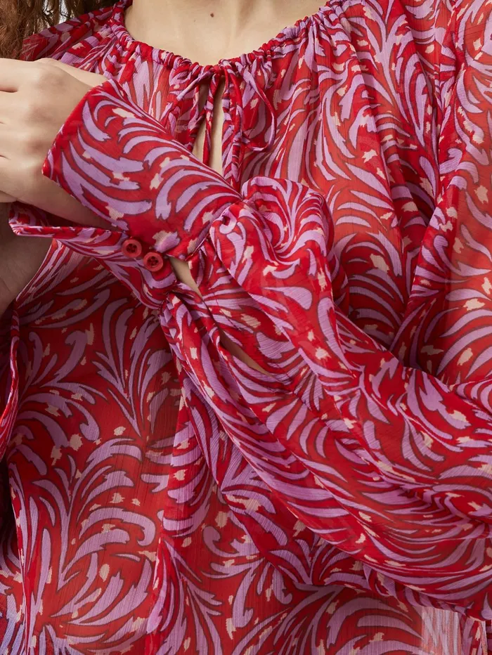 French Connection Printed Chiffon Keyhole Long Sleeve Top Scarlet Red Multi Woman Tops