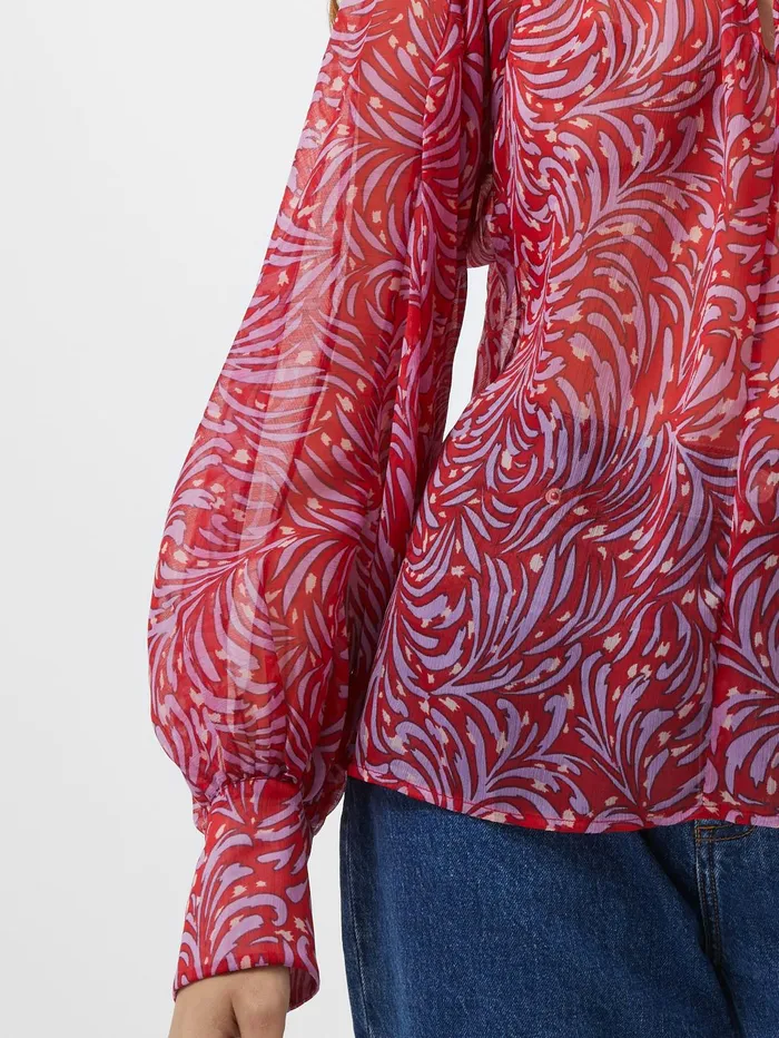 French Connection Printed Chiffon Keyhole Long Sleeve Top Scarlet Red Multi Woman Tops